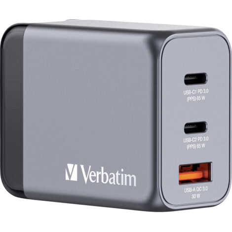 Universalladegerät AC 65W – 2x USB Typ-C – Schutz gegen Überstrom und Überladung – Schwarz/Grau für Innenräume – Verbatim (1/5)
