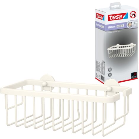 tesa® MOON WHITE Duschablage zur Wandmontage ohne Bohren, weiß matt - einstöckig und extra tief - für Bäder im Industrial Style und moderne Badezimmer - mit Klebelösung - 92 mm x 250 mm x 125 mm