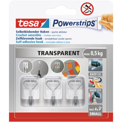 tesa Powerstrips Klebehaken Small - selbstklebende Haken mit abnehmbarem Drahthaken - wiederverwendbare Wandhaken für Bad oder Küche - Montage ohne Bohren - Transparent - 3 x Haken, 4 x Powerstrips
