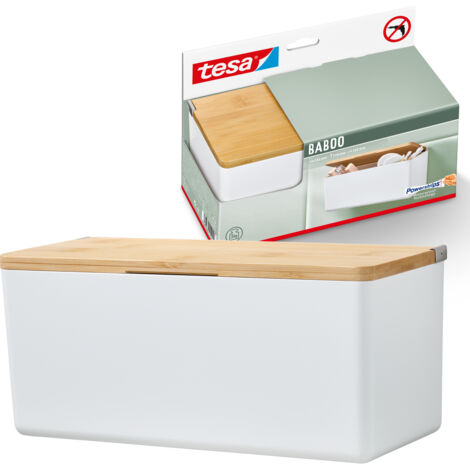 tesa® Baboo Badorganizer M mit Bambus-Deckel, matt-weiß - Bad-Aufbewahrungsbox zur Wandmontage ohne Bohren, inkl. tesa® Powerstrips Waterproof Strips XL - 242 mm x 110 mm x 102 mm