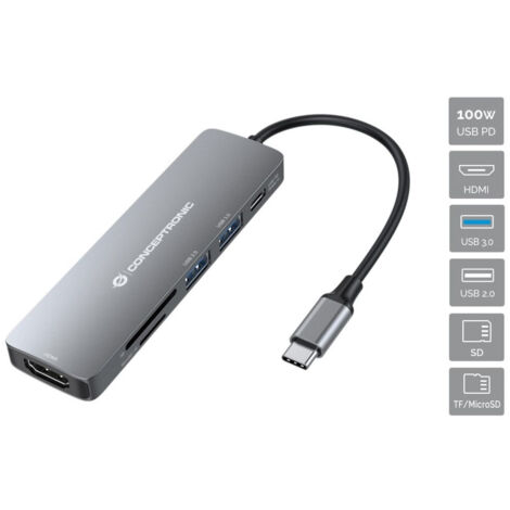 Conceptronic DONN11G 6-in-1 USB 3.2 Gen 1 Dockingstation, HDMI, 100W USB PD, USB 3.0, USB 2.0, SD, TF/MicroSD (1/5)
