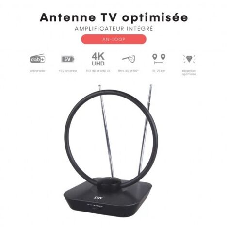 Antenne intérieure TV Numérique TNT VHF/UHF Radio Full HD CGV AN-LOOP - Filtre 5G, Amplifiée, Polarisation Horizontale et verticale