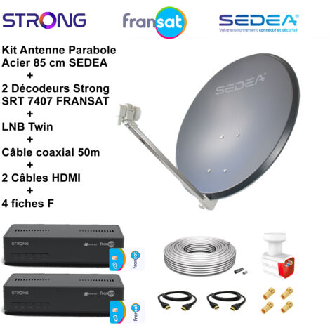 Kit Parabole Acier 85 cm Anthracite + LNB Twin HD 4K + 2 Décodeurs SRT 7407 FRANSAT + Câble coax 50m + 2 Câbles HDMI + 4 Fiches F