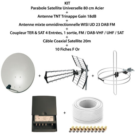 Kit parabole satellite 80 cm en acier galvanisé – Antenne TNT gain 18 dB – Antenne omnidirectionnelle DAB FM – Coupleur 4 entrées – Câble coaxial 20 m