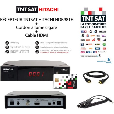 Récepteur TNTSAT HDB981E + Cordon Allume Cigare pour camping car + Câble HDMI – Carte TNTSAT incluse, PVR Ready, Mise à jour par USB et par Satellite