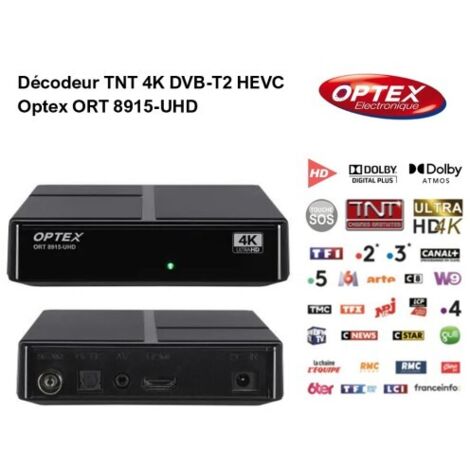 Décodeur TNT 4k BOX - DVB-T2 HEVC Optex ORT 8915-UHD Réception de qualité, enregistrement programme, chaînes gratuites HAUTE QUALITE