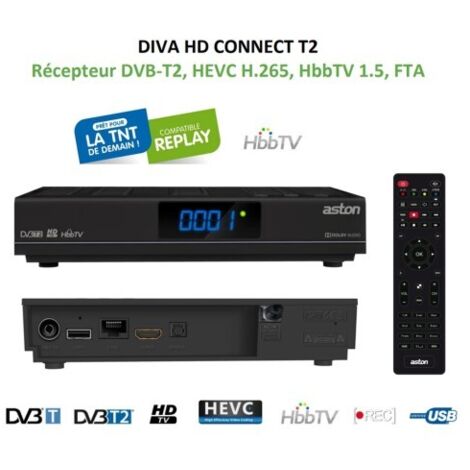 Récepteur Décodeur DVB-T2, HEVC H.265, HbbTV 1.5, FTA TNT ASTON DIVA HD CONNECT T2 – Enregistrement & Médiaplayer via USB (1/4)