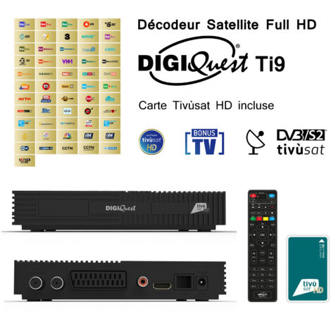 Pack Tivùsat Décodeur Satellite Full HD - DIGIQUEST Ti9 + Carte Tivùsat HD Activation Comprise - Full HD 1080p, Programmes TV Gratuits sur Tivùsat