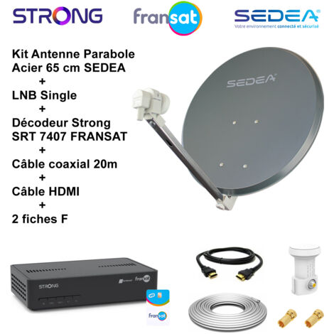 Antenne parabolique acier 65 cm – LNB Single Full HD 4K – Décodeur SRT 7407 Fransat – Câble coaxial 20m et HDMI inclus
