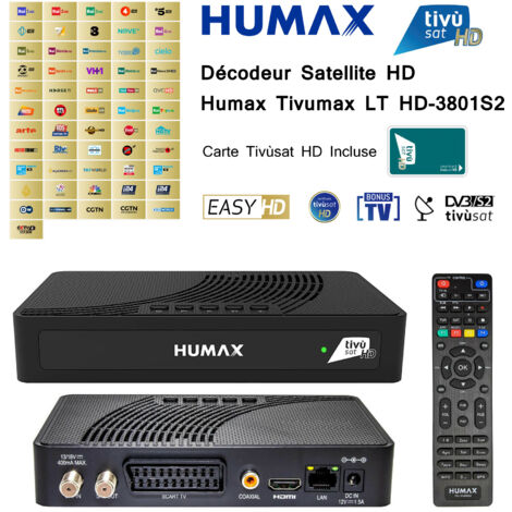 Pack Tivùsat Décodeur Satellite HD Humax Tivumax LT HD-3801S2 + Carte Tivùsat HD Activation Comprise - DVB-S2 HEVC Main 10 (10bit) Easy HD par Tivùsat