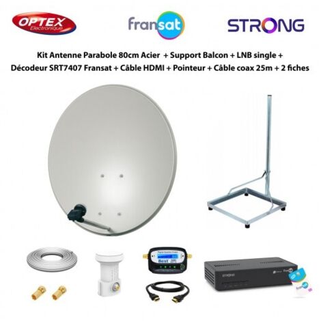 Kit Parabole 80cm Acier + Support Balcon + LNB Single + Décodeur SRT7407 Fransat + Câble HDMI + Pointeur + Câble Coax 25m + 2 fiches