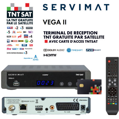Récepteur TV satellite Full HD - SERVIMAT VEGA II + Carte d'accès TNTSAT V6 - Astra 19.2°, Time Shift, Son Dolby Digital +, TNT Gratuite Par Satellite