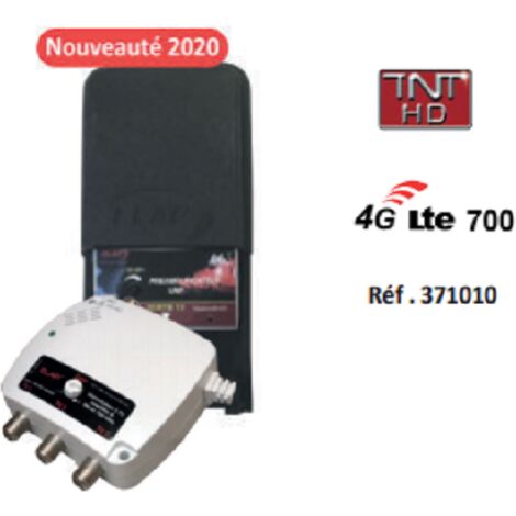 KIT PRÉAMPLIFICATEUR DE MÂT 1 ENTRÉE UHF TNT RÉGLABLE - GAIN 40 DB AVEC ALIMENTATION 12 V= 50 MA 3 SORTIES TV - FILTRÉ 4G LTE 700 MHZ