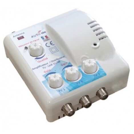 Amplificateur distributeur intérieur 3 sorties F UHF Tonna 402663 - Filtre LTE 700 4G 5G, Gain 22 x 3 dB, réglable avec mesureur LED