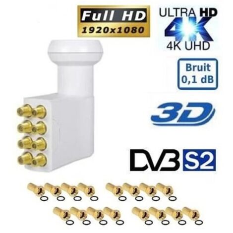 PL-8, 0.1dB, High Gain 60DB Tête Parabole 8 sorties, Compatible Full HD 4K TNTSAT Canal+ Astra et FRANSAT + 16 fiches F