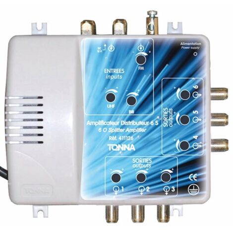 Amplificateur distributeur 2 entrées 6 sorties FM / BIII + UHF TONNA 411126 - Gain 22 dB, Bande passante 170 à 230 + 470 à 862 MHz
