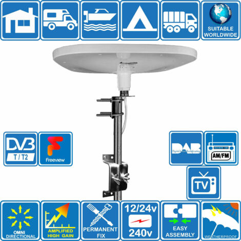 Antenne TNT TV HD amplifiée omnidirectionnelle – Gain 32dB pour camion, caravane, bateau – Boîtier étanche en matériau ASA – 360° de réception – M-E - HAUT 32 DB