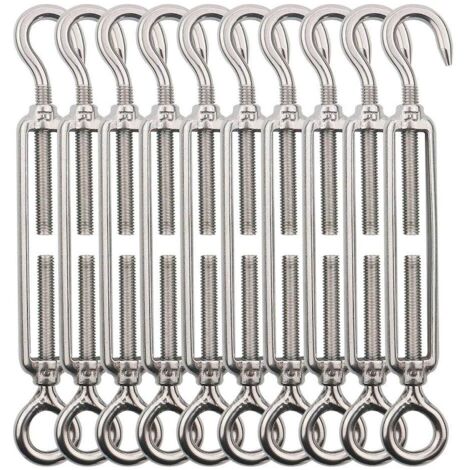 Tensor de cable con gancho y ojo M5, tensor de alambre de acero inoxidable 304 para tendedero, cable de acero y cuerda de acero - 10 piezas