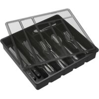 Bandeja para cubiertos con tapa para cajón, organizador de cubiertos de plástico para cocina, 6 compartimentos, color negro