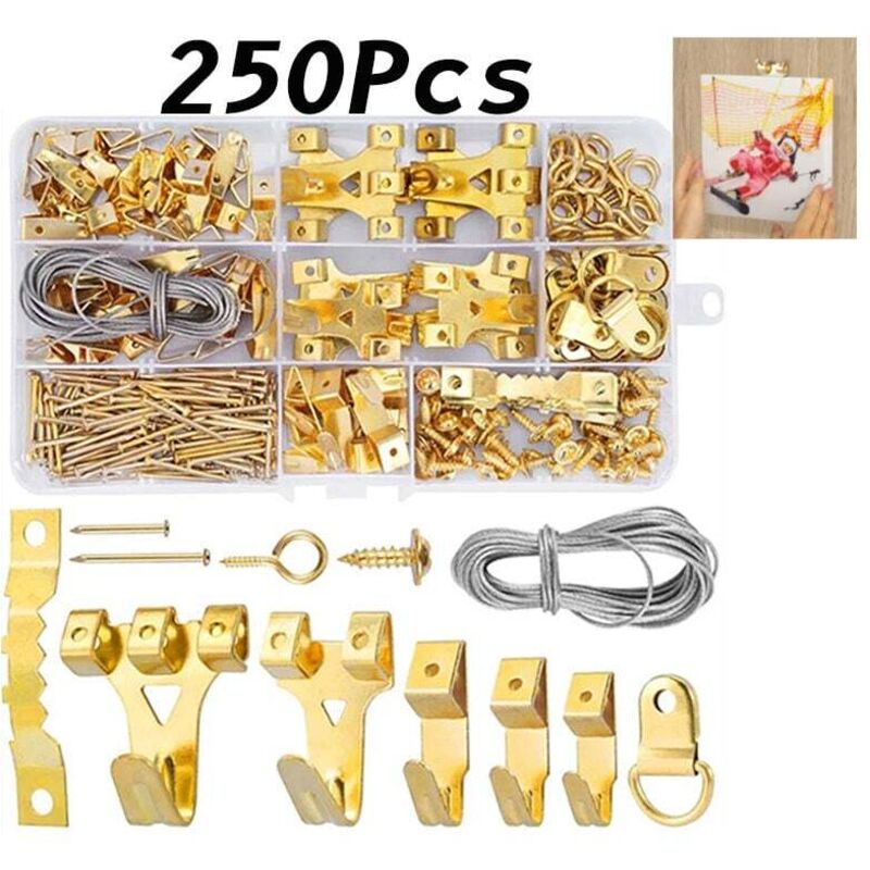 Kit Ganci Per Appendere Quadri 250 Pezzi – Set Assortito Con Ganci Dentellati, Anelli A D, Filo Acciaio, Chiodi E Viti Per Pareti Dure - 3