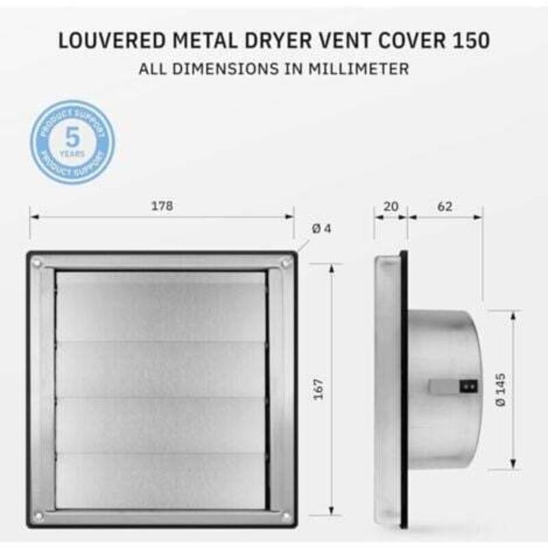 Griglia Di Ventilazione In Acciaio Inox 304 125mm, Con Protezione Insetti, Valvola Antiritorno, Lamelle Mobili, Guarnizione In Gomma, Per VMC