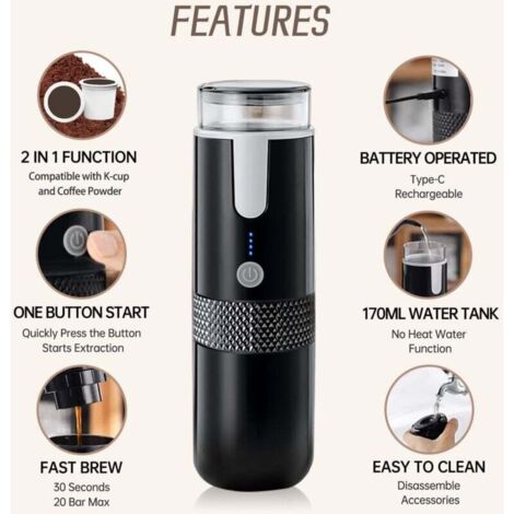 Macchina Da Caffè Espresso Portatile 20 Bar Con Batteria 7500 MAh – USB-C, Per Capsule E Caffè Macinato, Ideale Per Campeggio E Viaggi