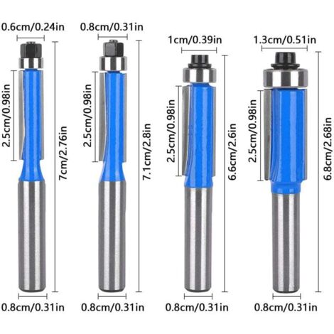 Defonceuse A Bois Set De 4 Fraises à Copier Pour Défonceuse - Tige 8mm - Double Flûte Avec Roulement - Pour Bois Et Stratifié Fraise A Copier 8mm