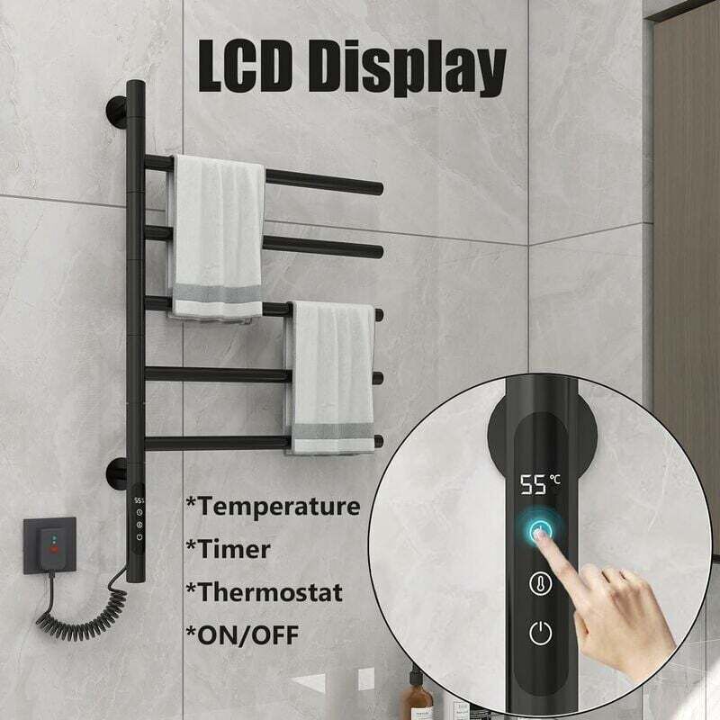 Porte-serviettes Chauffant électrique - 5 Barres, Acier Inoxydable, Pivotant 180°, Minuterie 0-9h, Température 30-70°C