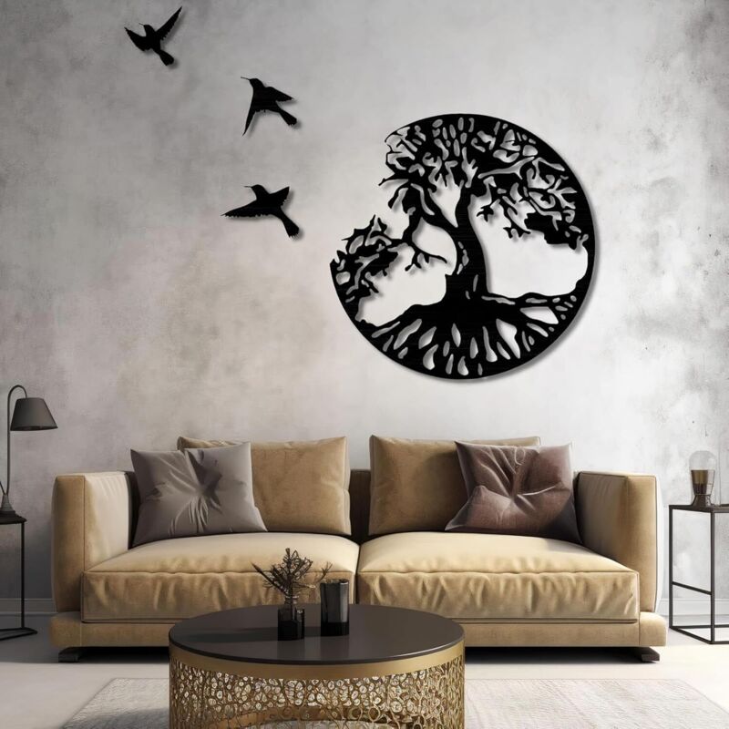 Art Mural Métal Arbre De Vie Avec Oiseaux - Décoration Murale Ronde 28cm Noir Pour Intérieur