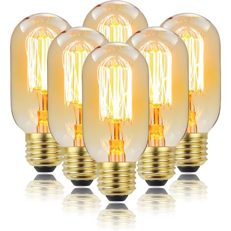 Ampoules Edison vintage T45, culot E27, intensité variable, 40 W, lot de 6, à incandescence, filament droit, verre ambré, jaune chaud 2 200 K, pour éclairage décoratif de la maison (1/4)
