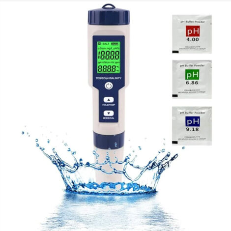 Ph-mètre Testeur PH Electronique, Testeur Eau Piscine 5 en 1 avec Rétro-éclairage, PH/TDS/EC/Salinité/TempmèTre avec ATC, PH Metre Haute Précision de Résolution 0.01, pour Eau Potable, Aquarium, Spas (1/4)