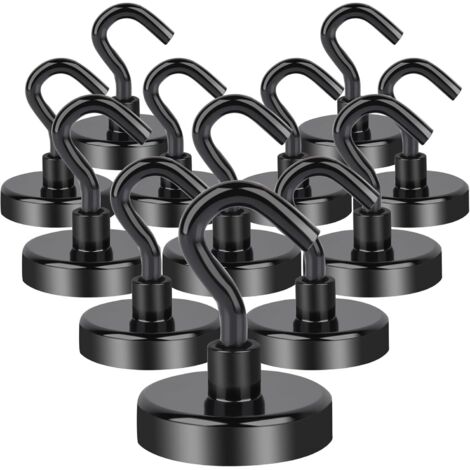 Lot de 12 crochets magnétiques en néodyme super puissants de 30 kg, crochet de 32 mm, sans perçage, pour porte en fer, crochet magnétique pour cuisine, camping, casier, bureau