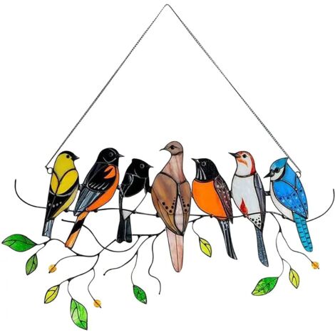 Oiseaux Multicolores sur Un Fil Haut vitrail Suncatcher tentures de fenêtre 7 Oiseaux penif orments pour fenêtres Portes Jardin Maison déations de Printemps (1/4)