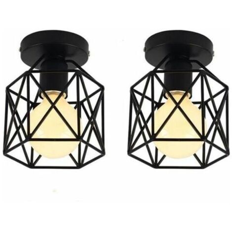 Lot de 2 Plafonnier Industrielle en Métal Cage Carré, Lustre Abat-jour Fer Luminaire E27 40W Noir pour Salon Chambre Bar (1/5)
