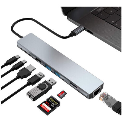 Hub USB C Adaptateur ,8 in 1 Mac Accessoire USBC Adapter 4K HDMI, Ethernet,2 USB 3.0, Lecture de Carte SD/TF (1/5)