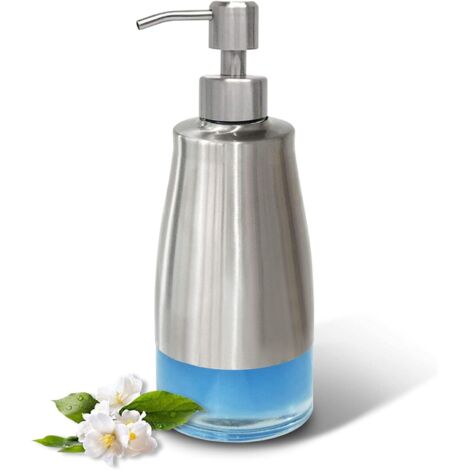 Distributeur de savon en verre et acier inoxydable - Distributeur de savon - Avec étiquettes - Rechargeable - Pour cuisine, salle de bain, bureau, hôtel (300 ml) (1/5)