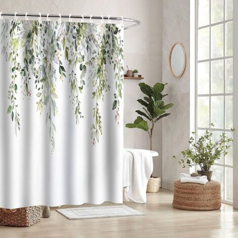 Rideau De Douche 180cm 180cm Rideau De Douche Plantes Vertes Eucalyptus, Rideaux De Douche De Salle De Bains De Printemps, Ensembles De Rideaux De Douche Feuilles Botaniques Aquarelle Blanche Avec 12 (1/5)