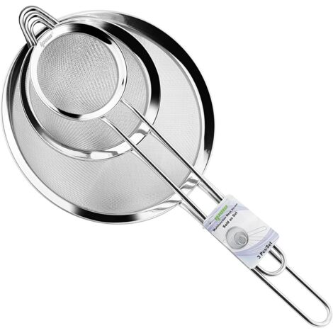 Tamis de cuisine inox / tamis à farine manche maille fine 7 cm, 12 cm et 18 cm pour pâtisserie en poudre pâtes égouttées / riz sauce filtre sur bol / manche cymbale à suspendre (1/5)