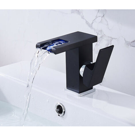 Mitigeur De Salle De Bains RVB Changement De Couleur Cascade Robinet De Lavabo De Lavabo Mitigeur Mitigeur De Toilette - Noir Court (1/5)