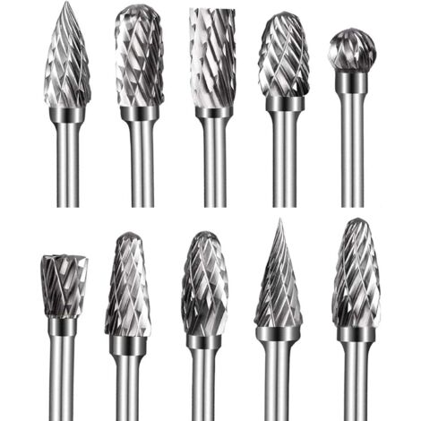 Ensemble de fraises en carbure de tungstène de 10 pièces Kit de fraises rotatives à double coupe de 1/8 po Tête de meulage de 6 mm (1/5)