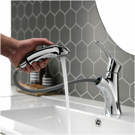 Robinet de salle de bain avec pomme de douche extractible, mitigeur de lavabo monocommande de salle de bain, robinets de lavabo en laiton chromé, bouton d'arrêt (1/5)