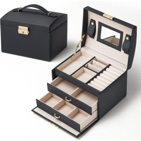 Boîte à Bijoux, Boîte a Bijoux Cadeau, Rangement Boîte à Maquillage, Boite a Bijoux de Voyage à 3 Couches en Simili Cuir, avec 2 Tiroirs, Miroir et Serrure (Noir)