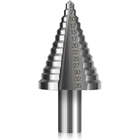 Foret Fraise Meche Etage HSS, Conique à Double Fente (5mm-35mm) avec Revêtement Titane, Solide, Parfait Pour Visseuse Percage sur Acier Bois, Plastique, Laiton, Aluminium, PVC (1/5)