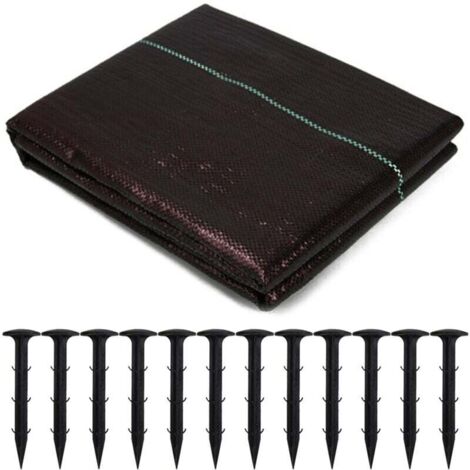 Tissu de contrôle des mauvaises herbes tissé 13m + 12pcs piquets de sol en plastique 11cm (1/4)