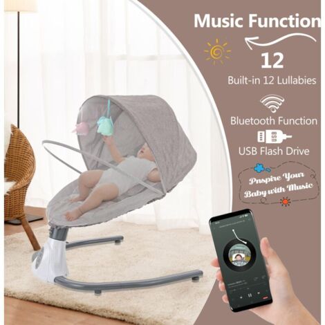 Transat électrique Bébé 0-12 Mois - Bluetooth, 12 Musiques, Télécommande, Minuterie (gris)