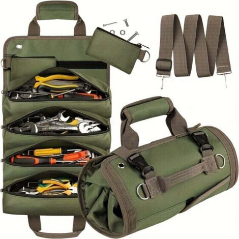 Sac à outils enroulable, sac de rangement pliable et portable avec 2 petites poches, sac à outils enroulable, vert militaire.