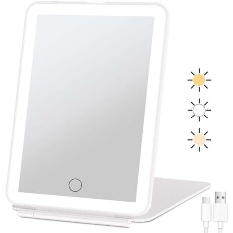 Specchio per il trucco pieghevole ricaricabile a LED, specchio di bellezza portatile illuminato, illuminazione a tre colori, touch screen dimmerabile (1/4)