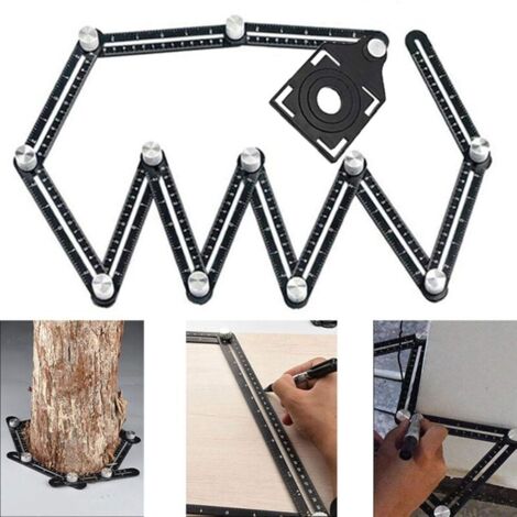 Righello multiangolo, misuratore di angoli a 12 lati, misuratore di fori per piastrelle con 3 aperture di posizionamento, righello multiangolo aggiornato/metallo/nero (1/4)