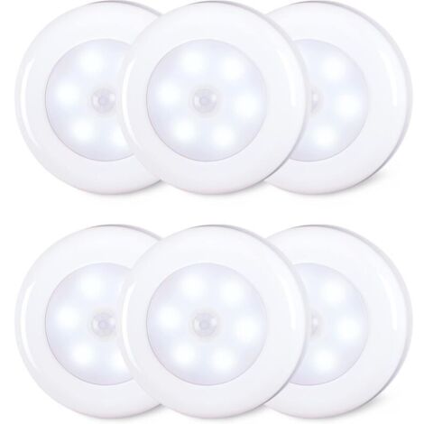 Confezione da 6 luci LED con sensore di movimento da 8 cm per interni, alimentate a batteria AAA, adesive per scale, sottopensili, armadi, bianco freddo (1/4)