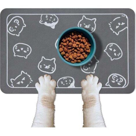 Confezione da 2 tappetini per ciotole per animali domestici, antiscivolo e super assorbenti, con loghi multipli a forma di testa di gatto, 45 x 30 cm, grigio scuro (1/4)